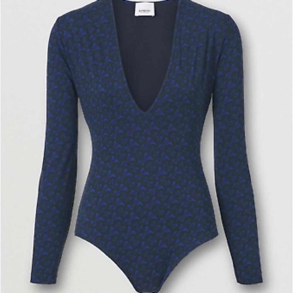New Authentic BURBERRY TB Monogram Print Long-Sleeve Bodysuit – Deep Royal Blue